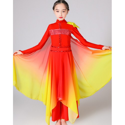 Boys girls red with gold chinese folk classical dance dresses for children Modern red flag chant stage performance costumes 